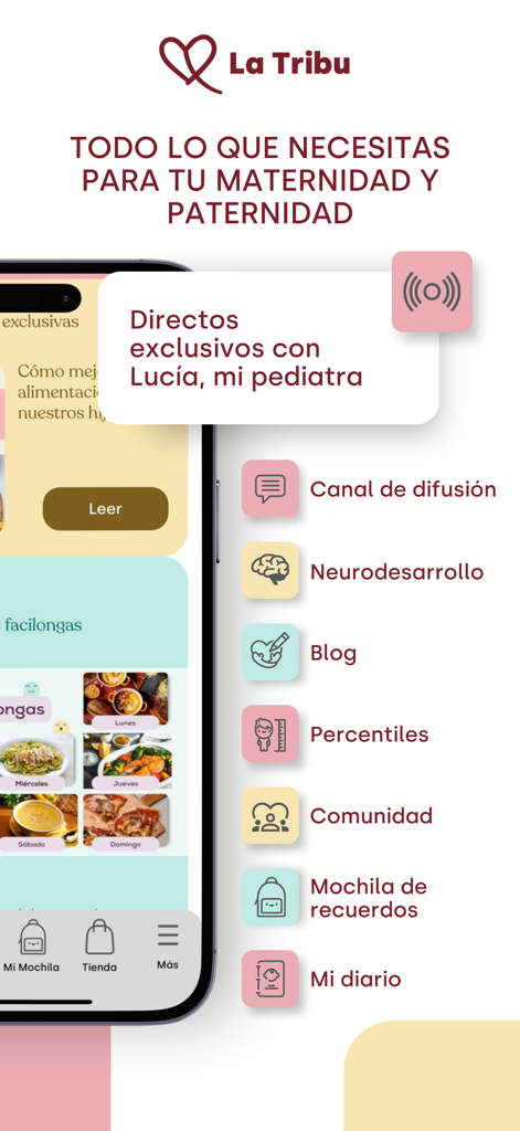 La Tribu de Lucía mi pediatra - Interfaccia dell'app La Tribu che mostra funzionalità genitoriali come grafici di crescita, neurosviluppo e un forum della comunità.
