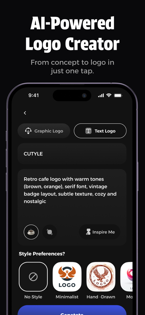 LookA Logo: Custom Logo Maker - AI logo creator interface in the LookA Logo app showing prompt options and style preferences.