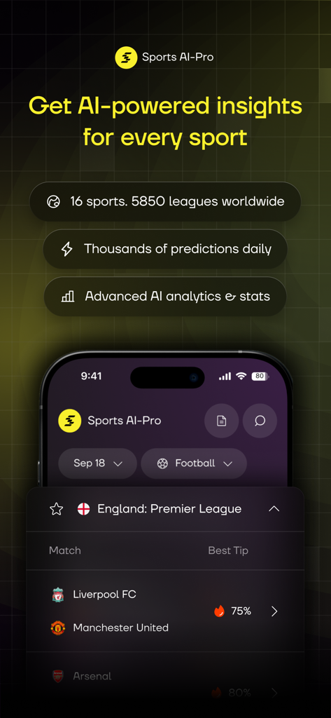 Sports AI Pro – AI Predictions - Interfaz de la aplicación Sports AI Pro mostrando predicciones deportivas de IA y análisis para partidos de fútbol.