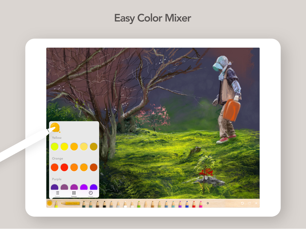 Art Set 4 - Digital painting of a character in a field on an iPad using Art Set 4 with the easy color mixer tool open