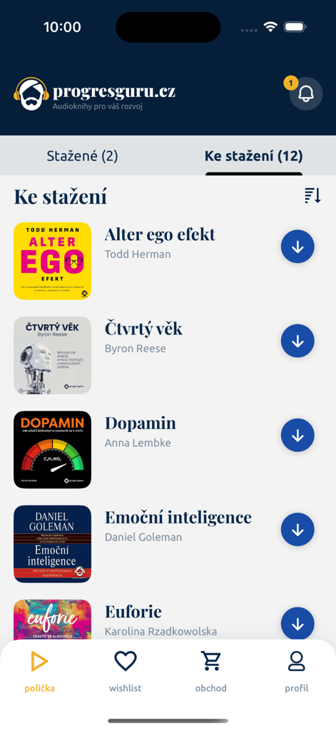 The library screen of the ProgresGuru app displaying a list of business and self-improvement audiobooks available for download.