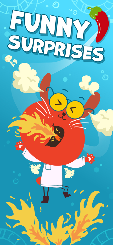 Multiplication facts Kids game - A red cartoon cat breathing fire in the Multiplication facts Kids game app screen titled Funny Surprises