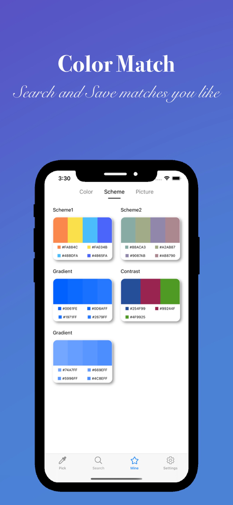 Color Picker: Design & Detect - Color Picker 앱 인터페이스에 디자인 일치를 위한 헥스 코드와 저장된 색상 구성표 및 팔레트가 표시됨