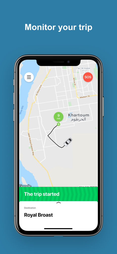 Tirhal - Tirhal app interface showing a live trip tracking map in Khartoum with a car icon and SOS button