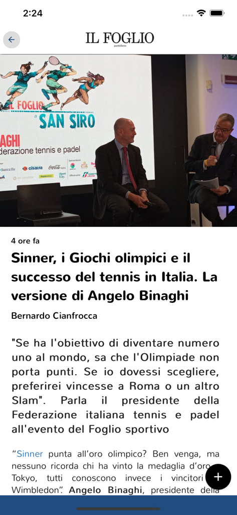 Il Foglio - Il Foglio news app showing an article about Jannik Sinner and Italian tennis