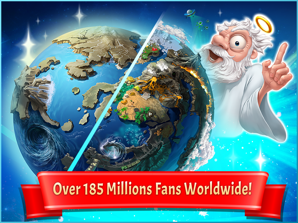 Doodle God™ HD - Doodle God character with a halo overlooking a split-view planet showing different biomes and natural elements.