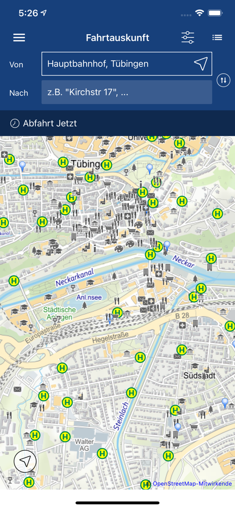 naldo App Routenplaner-Bildschirm mit einer Karte von Tübingen, die Nahverkehrshaltestellen anzeigt