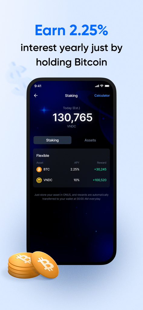 ONUS: Buy Bitcoin,ETH & Crypto - ONUS 앱 인터페이스가 비트코인 및 VNDC 보유에 대한 연간 이자 보상을 보여줌