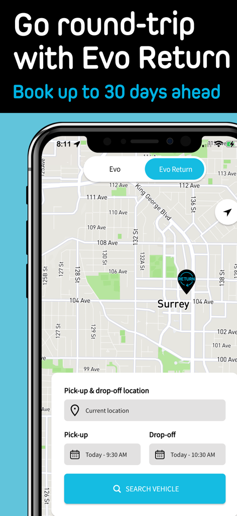 Interfaz de la app Evo Car Share para reservar vehículos de ida y vuelta con Evo Return.