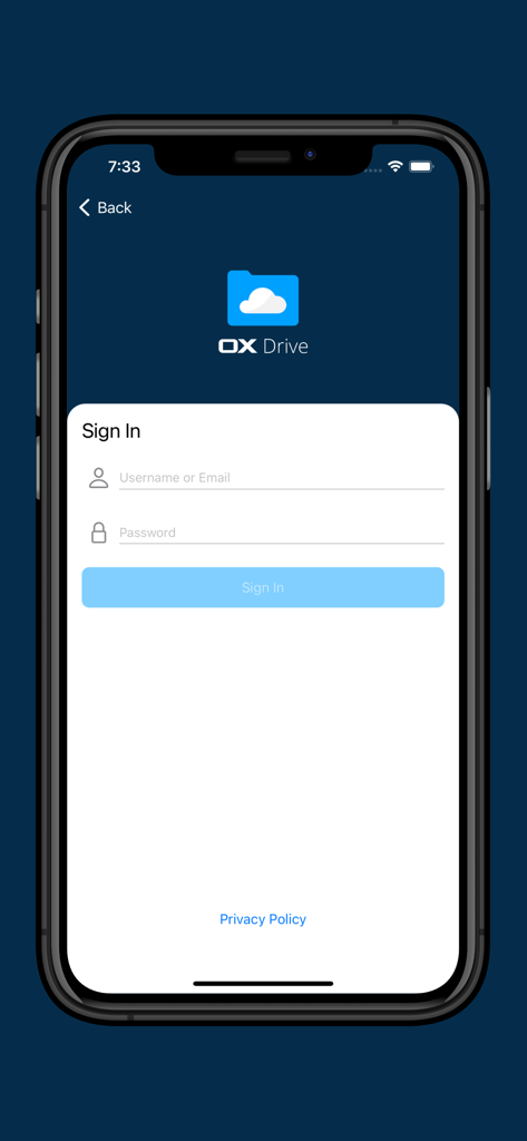 OX Drive by Open-Xchange - OX Drive mobile login screen