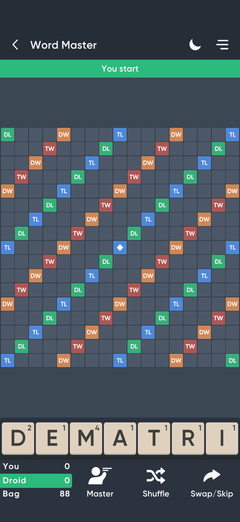 Word Master Pro game screen showing the board and letter tiles