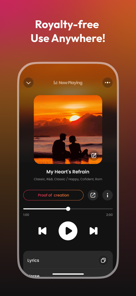 MuseO: AI Music Ringtone Maker - MuseO app interface showing a royalty free AI generated song playing with a beach sunset background