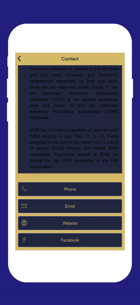 Immaculate Conception High - Contact screen of the Immaculate Conception High school app featuring school information and buttons for phone, email, website, and Facebook links.