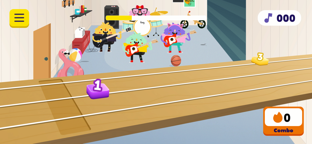 A gamified music lesson screen from the Loog Guitar app featuring cartoon monsters and a guitar fretboard rhythm game.