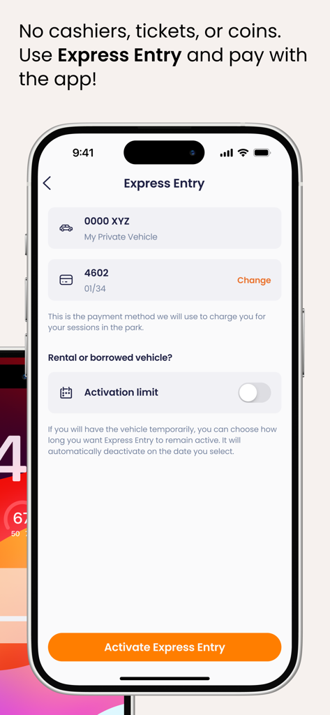 Telpark - Mobile screen of Telpark app showing the Express Entry feature for automated parking payment with vehicle and credit card registration