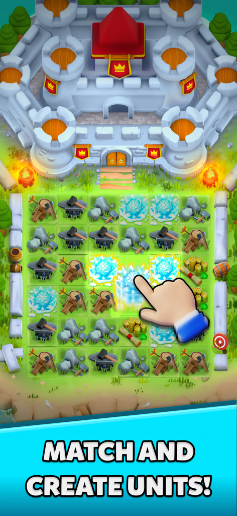 Gameplay screenshot of Match Lord Tower Defense showing a grid where players merge items to create units in front of a castle