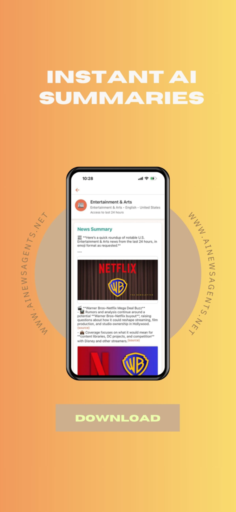 AI News Agents - Application AI News Agents montrant des résumés d'actualités instantanés pour le divertissement et les arts