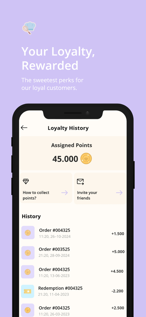 Eastern Bakery - A smartphone display of the Eastern Bakery app loyalty history screen showing earned points and a list of recent order rewards