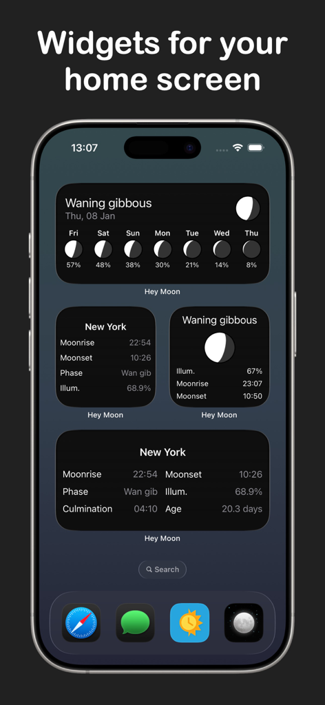 iPhone 홈 화면의 달 위상 및 달 데이터 위젯 컬렉션