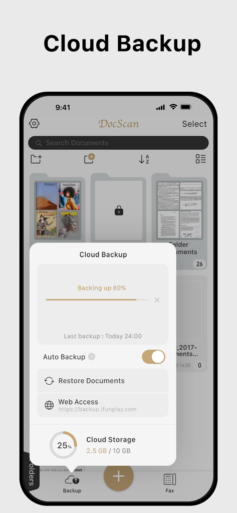 Cloud backup and storage management interface in the Doc Scan Pro app