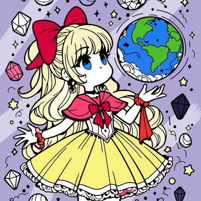 magical girl with floating orb in hand  crystals everywhere.