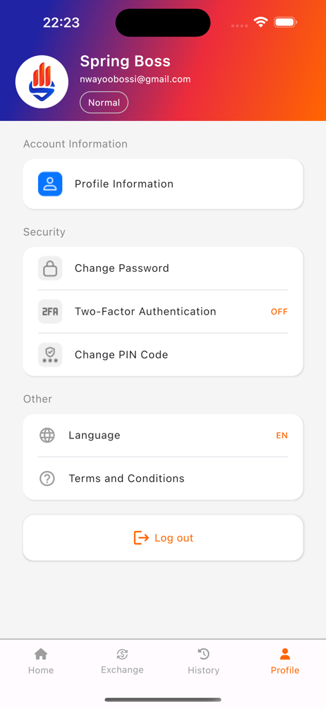 Einstellungen des Benutzerprofils der Spring Development Bank App, die Sicherheitsoptionen und Kontoinformationen anzeigen