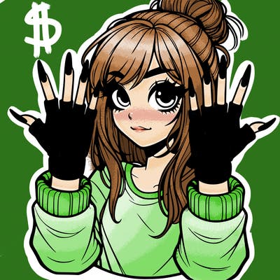 girl with fingerless gloves putting up the metal sign the girl has long nails and a messy bun