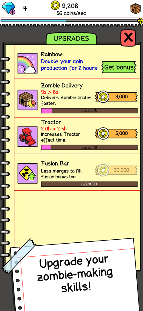 Un menú de mejoras con temática de cuaderno en el juego móvil Zombie Evolution que muestra varios potenciadores y habilidades para desbloquear