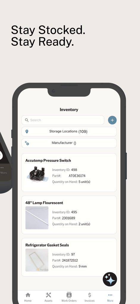 Ecotrak - Ecotrak mobile app inventory dashboard displaying maintenance parts like pressure switches and fluorescent lamps with stock quantities.
