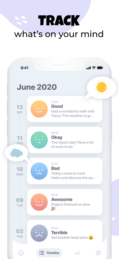 Moodnotes - Mood Tracker - Timeline view of daily mood entries and notes in the Moodnotes tracker app