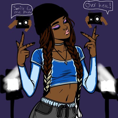 realistic teenage girl with braids and a beanie and crop top doing 🫶🏼