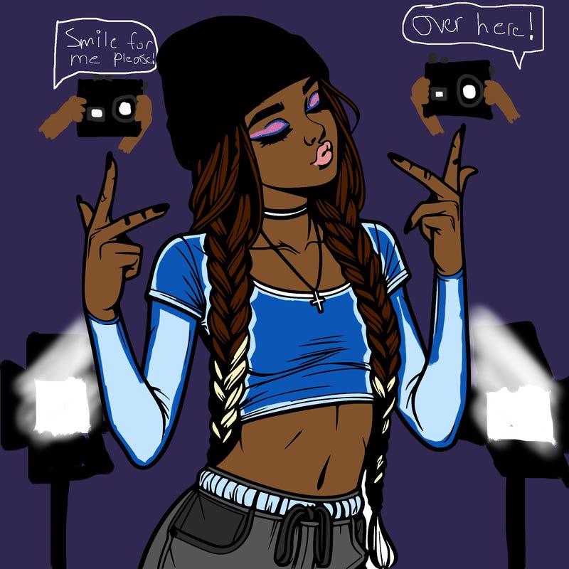 realistic teenage girl with braids and a beanie and crop top doing 🫶🏼