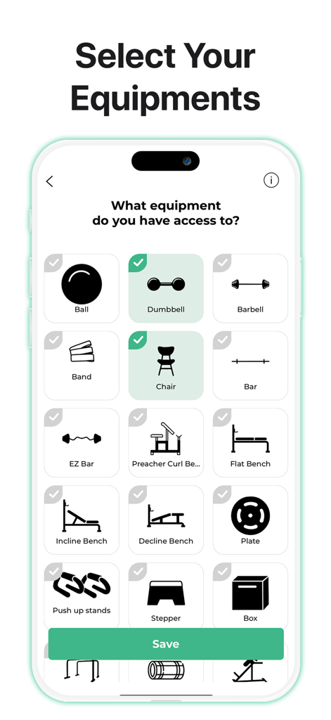 Fitonomy: Home & Gym Trainer - A mobile app screen showing a grid of selectable fitness equipment icons like dumbbells, chairs, and benches.