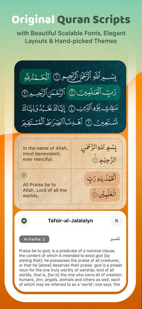 Quranic Arabic scripts with English translations and Tafsir commentary on the Muslim and Quran app interface