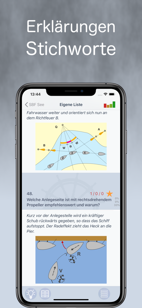 SBF See inkl. digitaler Karte - App interface for German boating license showing exam questions and nautical maneuvers