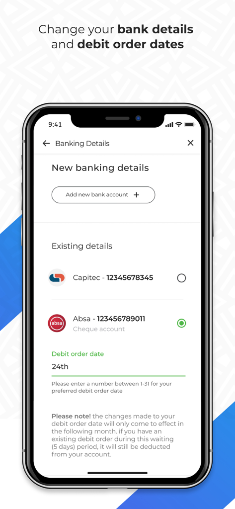Old Mutual - Screenshot of the Old Mutual app showing the interface to update banking details and set debit order dates.