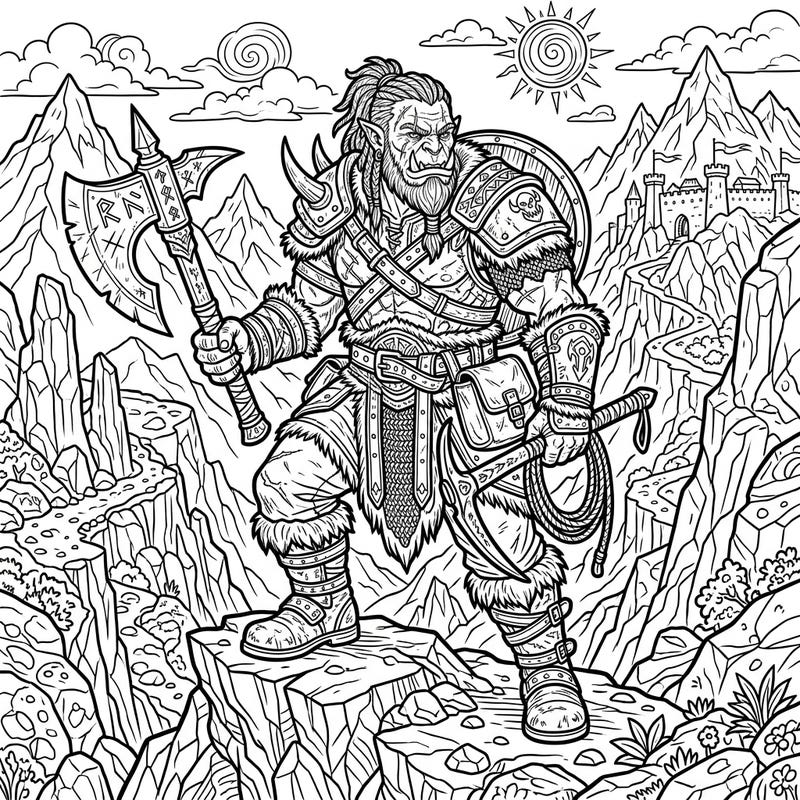 Embark on an epic coloring adventure with this fierce Mountain Orc, perfectly designed for teens who love fantasy. This intricate page captures the rugged spirit of mountain warriors amidst stunning landscapes.