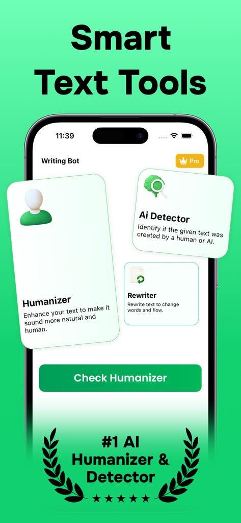Mobile app interface showing AI Humanizer, Detector and Rewriter tools