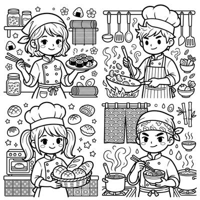 Get ready for a delightful culinary adventure with our charming Kawaii chef portraits. These adorable characters bring the joy of cooking to life with their cute expressions and fun kitchen scenes, perfect for a relaxing coloring session.