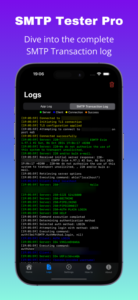 Detailed SMTP transaction log screen in the SMTP Tester Pro app showing color-coded server and client communication.
