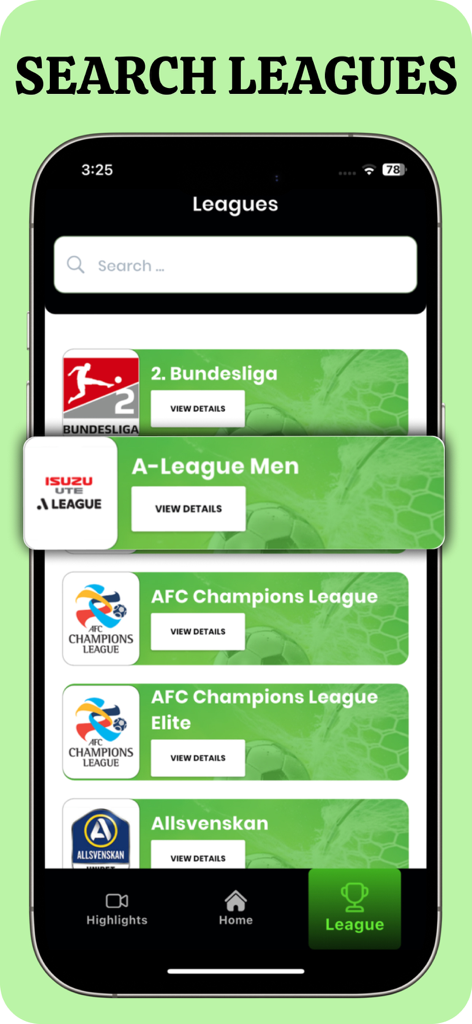 Kick Off - Football Live Match - Interfaz de la aplicación Kick Off mostrando una barra de búsqueda y una lista de ligas de fútbol globales, incluidas la Bundesliga y la A-League.