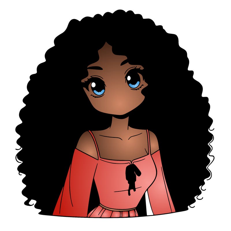a black anime girl with long afro hair