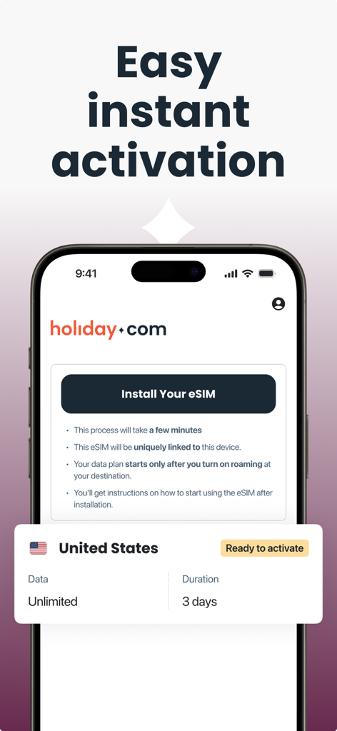 Interfaz de la aplicación holiday.com que muestra la pantalla de activación instantánea fácil para una eSIM de datos ilimitados en los Estados Unidos.