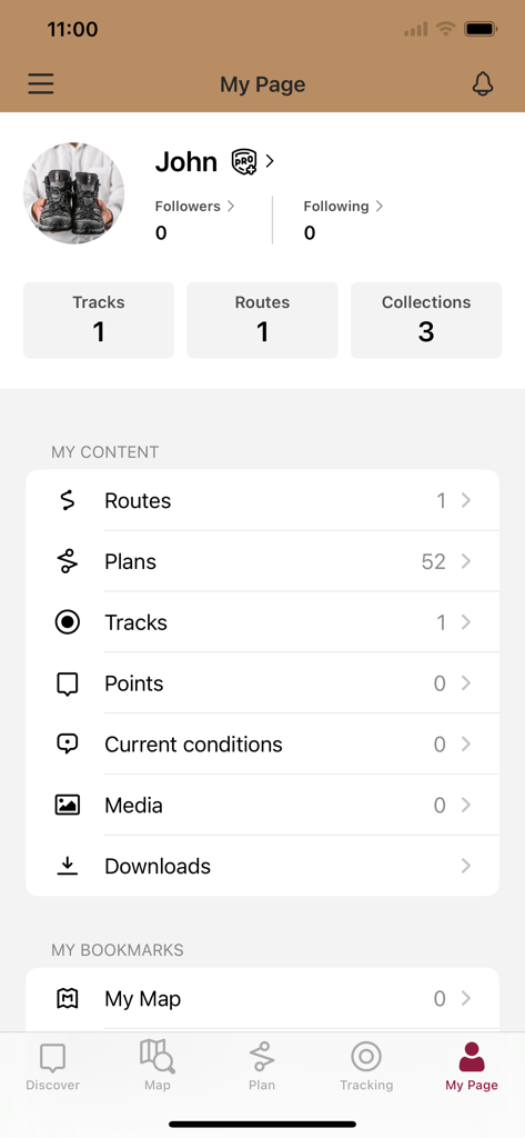 Panel de perfil de usuario en la aplicación de turismo Rhineland Palatinate que muestra rutas guardadas y planes de viaje