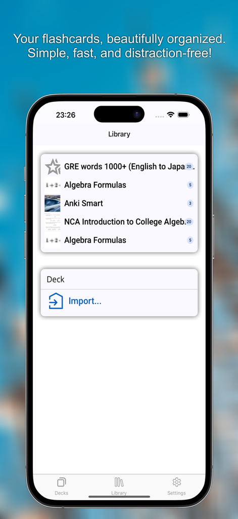 MemU –Smart Flashcard Learning - Pantalla de la biblioteca de la aplicación MemU que muestra mazos de tarjetas de memoria organizados para GRE y Álgebra
