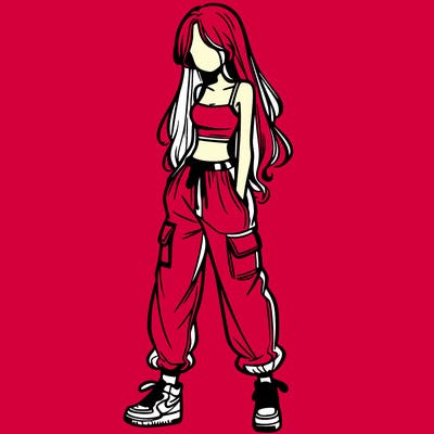 girl in baggy pants crop top and long hair
