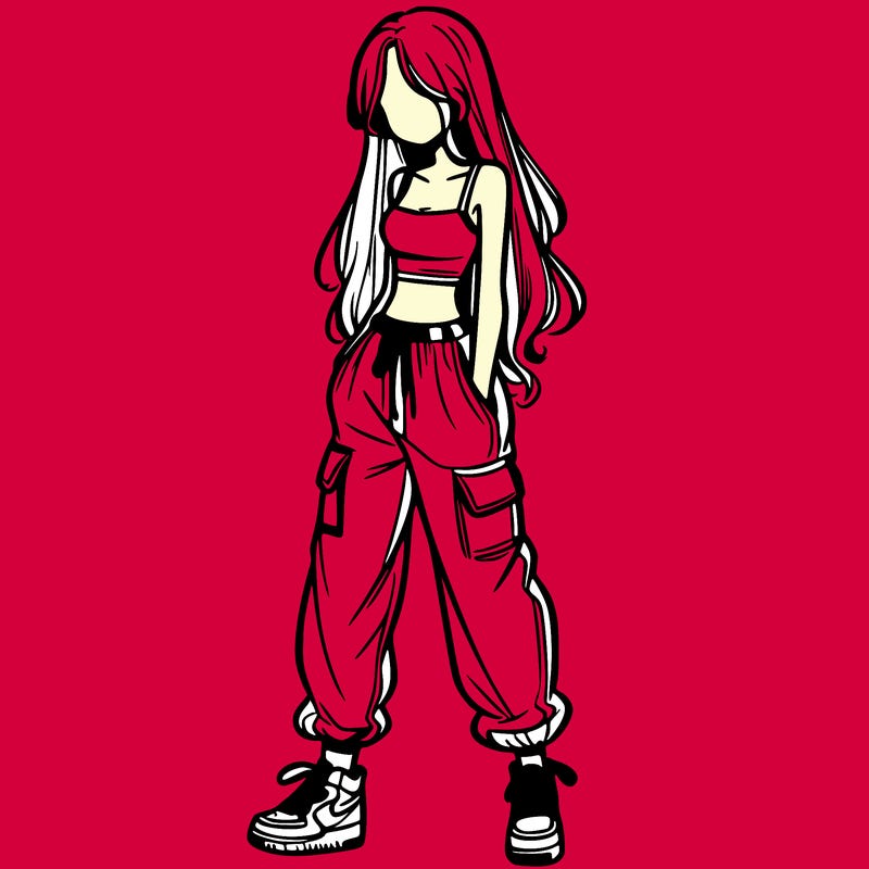 girl in baggy pants crop top and long hair