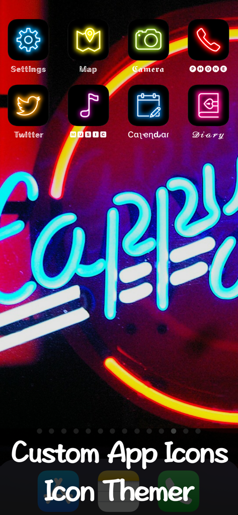 Icon Themer - iPhone home screen with custom neon aesthetic app icons created with Icon Themer