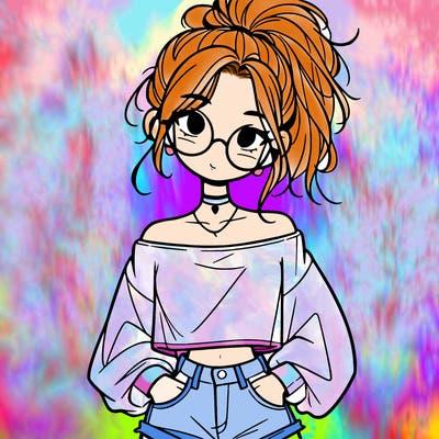 girl with a messy ponytail glasses a baggy crop top and jean shorts