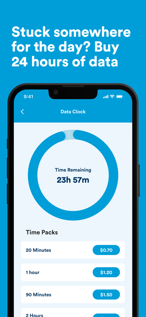 Data Clock - Interfaz de la aplicación Data Clock mostrando 23 horas de datos restantes y paquetes de tiempo disponibles para comprar